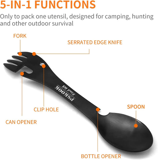 5-in-1 Utility Tactical Spork, Stainless Steel Spoon & Bottle Opener, Fork & Knife, Can Opener Combo Camping Utensil for Hiking