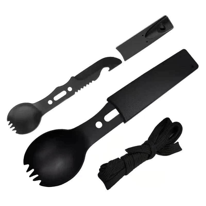Multi-functional Camping Spork Stainless Steel Functional Camping Spoon Fork Flatware Spork with Bottle Opener Hunting Tool