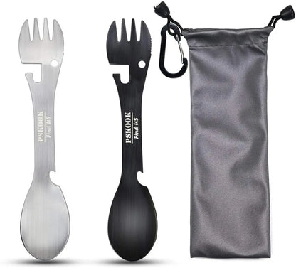 5-in-1 Utility Tactical Spork, Stainless Steel Spoon & Bottle Opener, Fork & Knife, Can Opener Combo Camping Utensil for Hiking