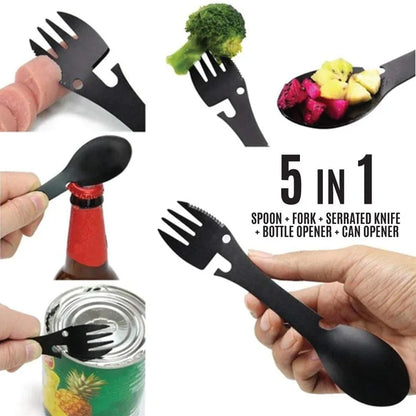 5-in-1 Utility Tactical Spork, Stainless Steel Spoon & Bottle Opener, Fork & Knife, Can Opener Combo Camping Utensil for Hiking