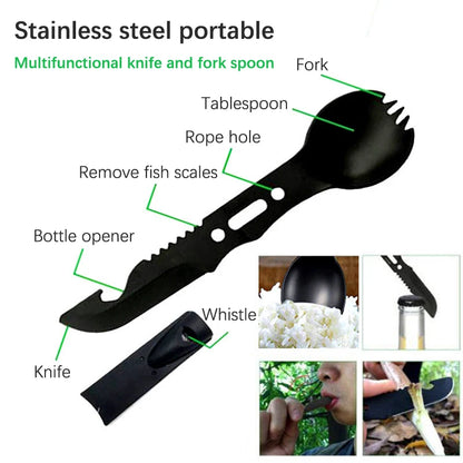 Multi-functional Camping Spork Stainless Steel Functional Camping Spoon Fork Flatware Spork with Bottle Opener Hunting Tool