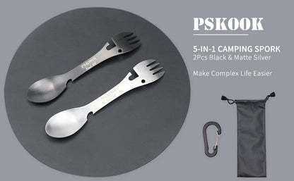 5-in-1 Utility Tactical Spork, Stainless Steel Spoon & Bottle Opener, Fork & Knife, Can Opener Combo Camping Utensil for Hiking